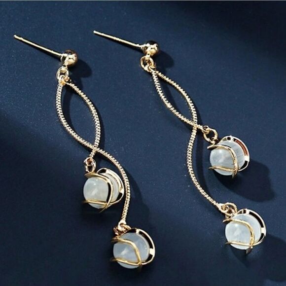 Boho-Elegant Long Tassel Opal Design Earrings Stainless Steel Drop Fashion Look - Picture 5 of 15